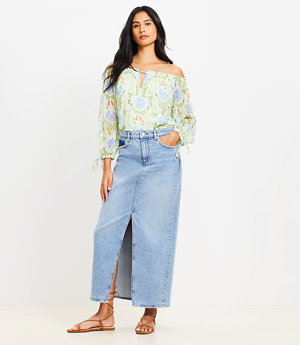 Petite Denim Maxi Skirt in Light Vintage Wash