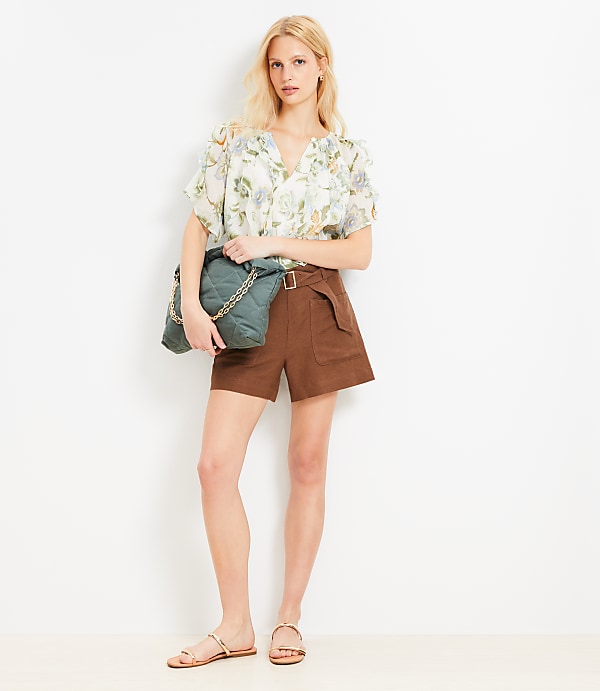 Belted Patch Pocket Shorts in Linen Blend
