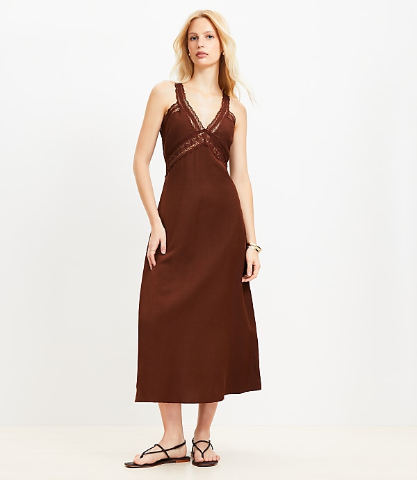 Lace Trim Linen Blend Midi Dress