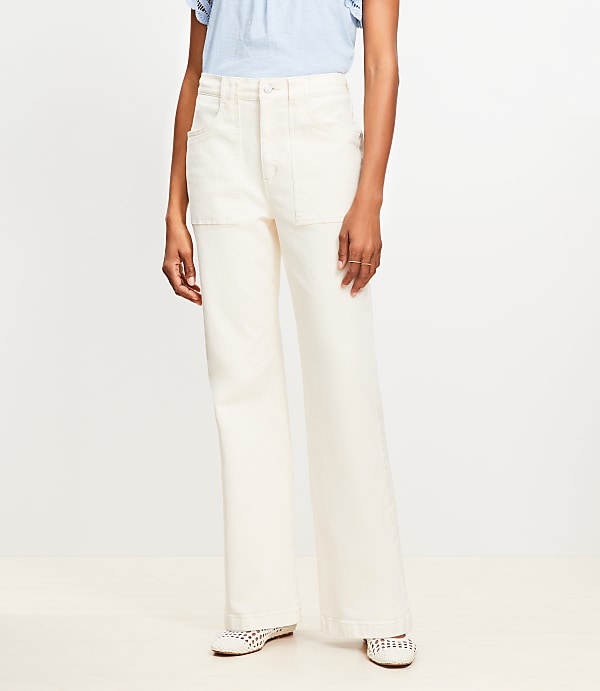 High Rise Relaxed Flare Utility Jeans in Ivory