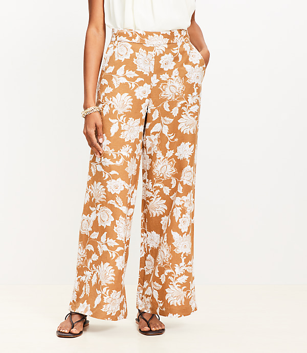 Floral Pull On Wide Leg Pants in Linen Blend