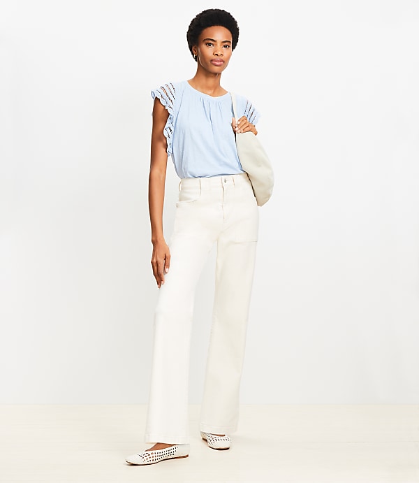 Petite High Rise Relaxed Flare Utility Jeans in Ivory