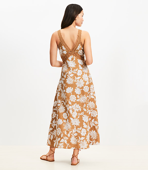 Petite Floral Lace Trim Linen Blend Midi Dress