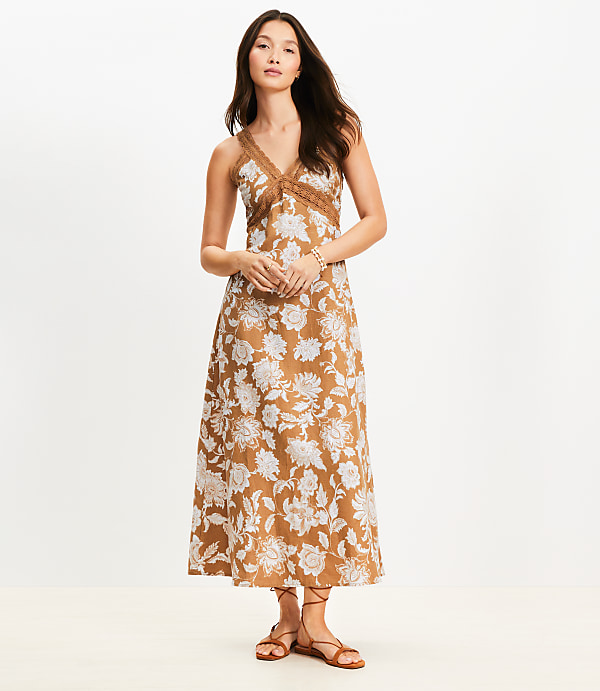 Floral Lace Trim Linen Blend Midi Dress