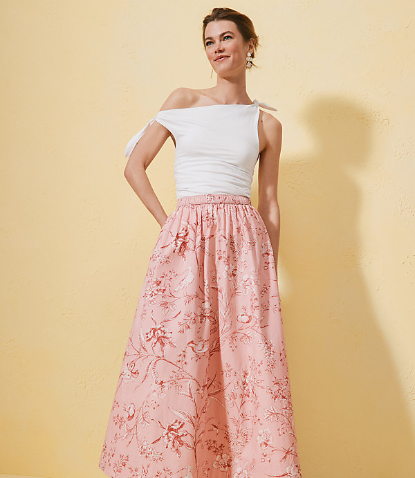 Bird Toile Poplin Pull On Maxi Pocket Skirt