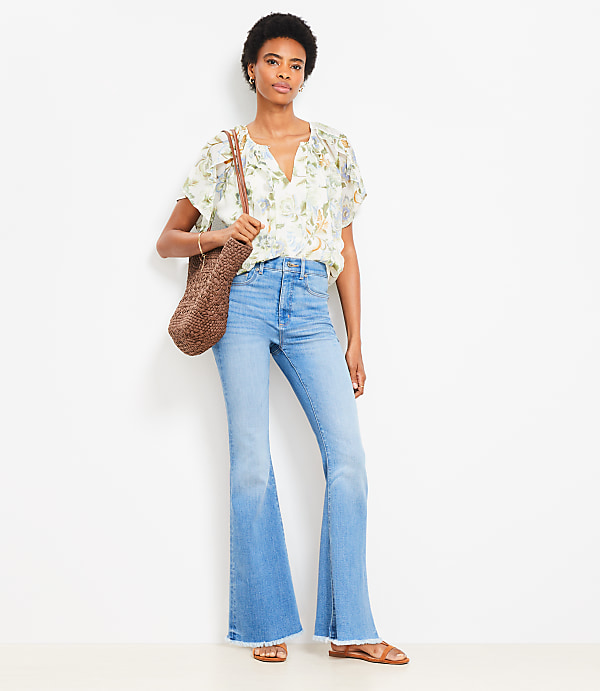 Frayed High Rise Slim Flare Jeans in Classic Mid Wash