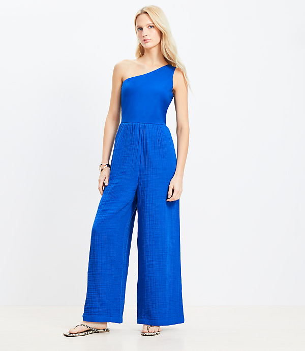 LOFT Beach Triple Cloth Mixed Media One Shoulder Jumpsuit