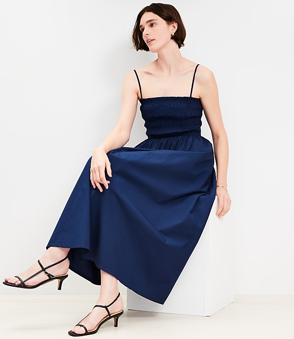 Petite Poplin Smocked Strappy Maxi Pocket Dress
