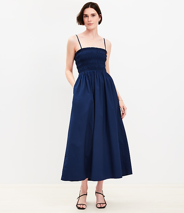 Petite Poplin Smocked Strappy Maxi Pocket Dress