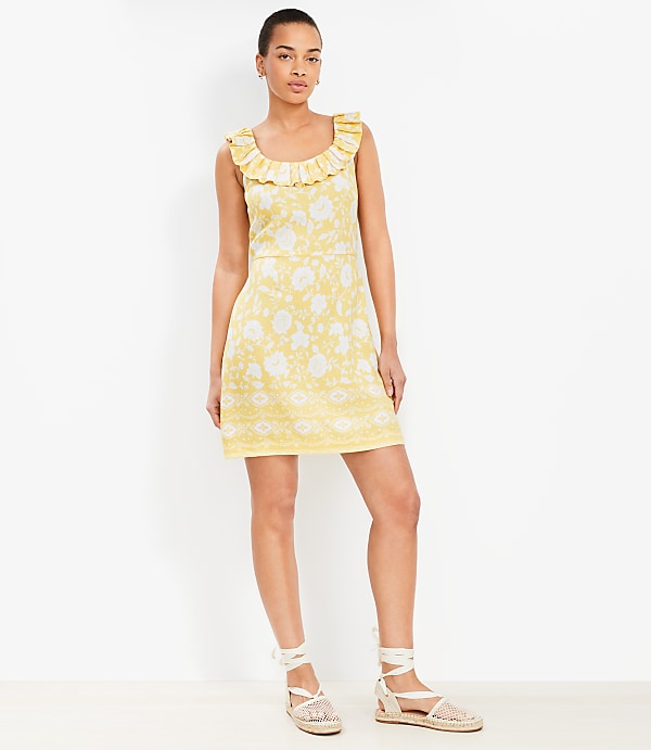 Floral Linen Blend Ruffle Neck Mini Dress