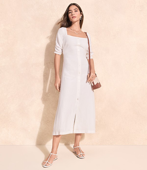 Petite Shirred Linen Blend Button Midi Dress