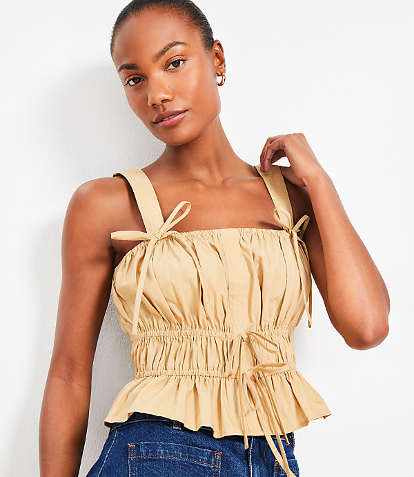 Poplin Ruched Tie Peplum Tank Top