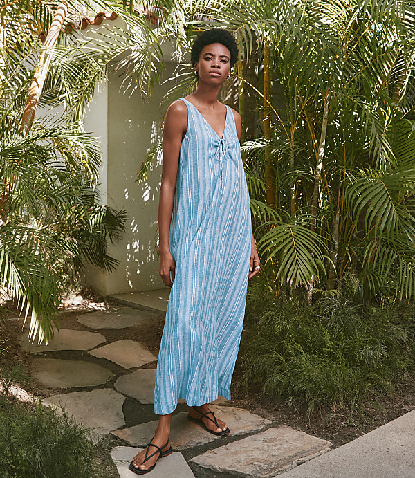 Lou & Grey Striped Linen Cotton Tie Keyhole Maxi Pocket Dress