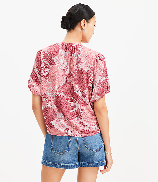 Floral Bubble Sleeve Mixed Media Blouse
