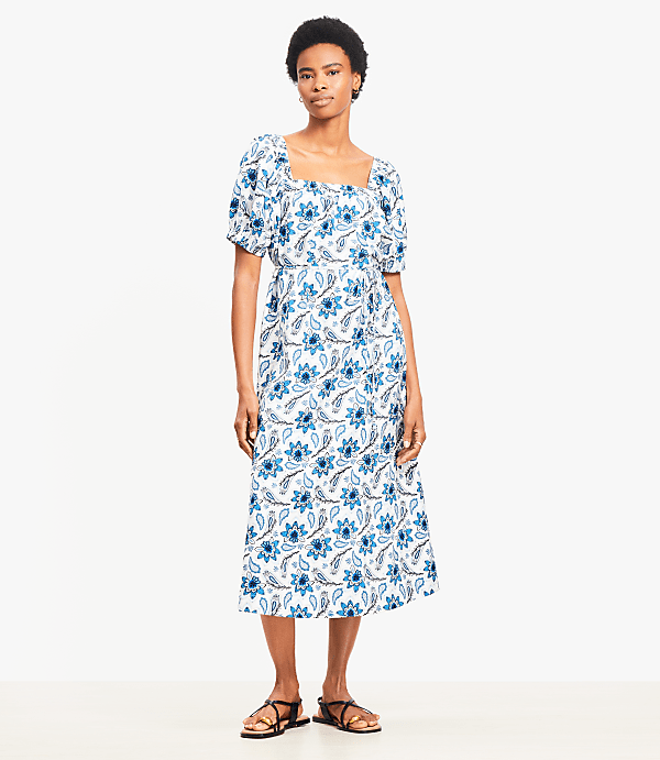Paisley Smocked Square Neck Midi Dress