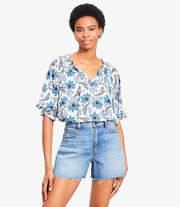 Paisley Tie Neck Mixed Media Blouse