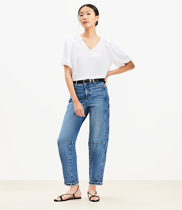 Petite Bubble Sleeve Mixed Media Blouse