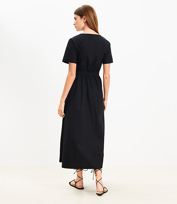 Poplin Lace Up Midi Pocket Dress