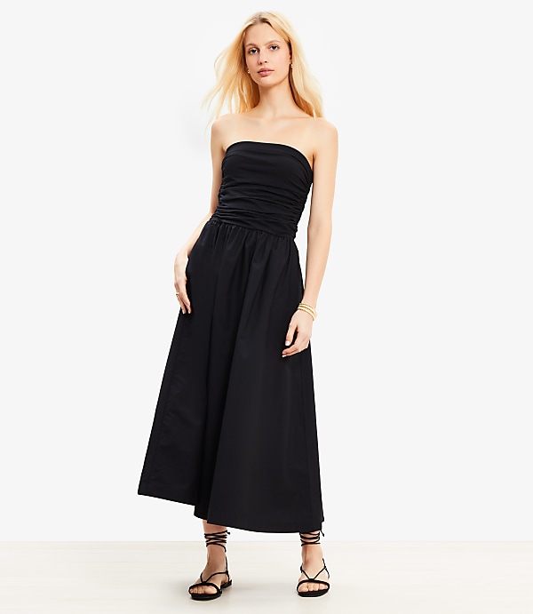 Petite Strapless Poplin Mixed Media Pocket Dress