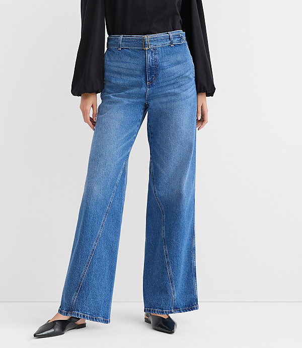 Belted Slim Wide Leg Jeans in Bright Medium Stone Wash