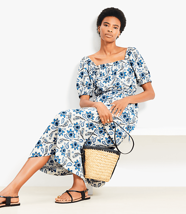 Paisley Smocked Square Neck Midi Dress