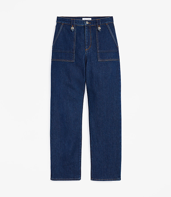 High Rise Straight Utility Jeans in Mid Indigo Wash