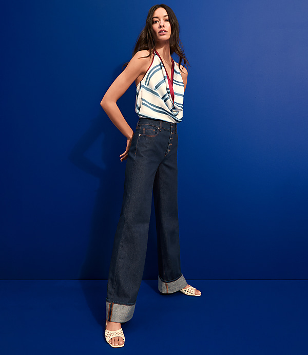 Petite Cuffed High Rise Wide Leg Jeans in Rinse Wash