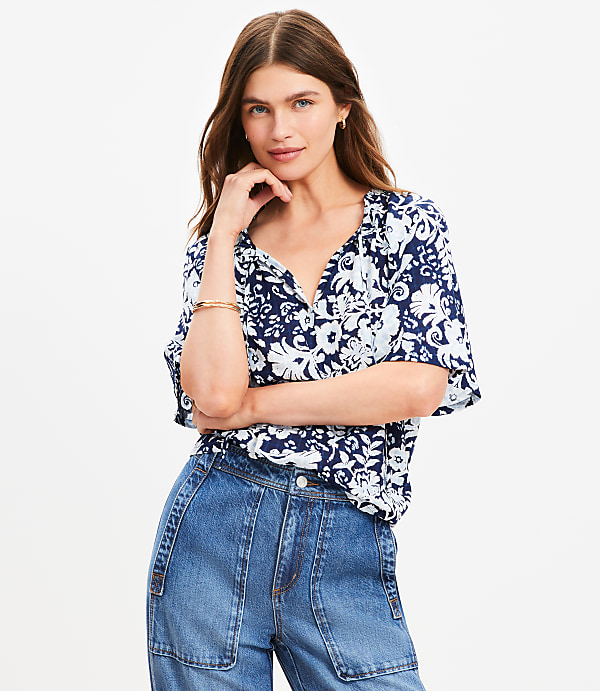 Floral Ruffle Tie Neck Blouse