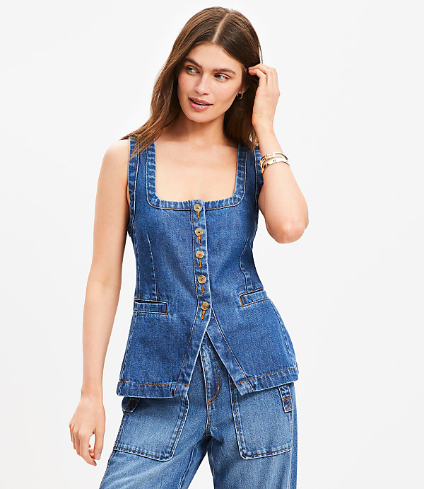 Petite Denim Square Neck Pocket Vest Top in Classic Mid Wash