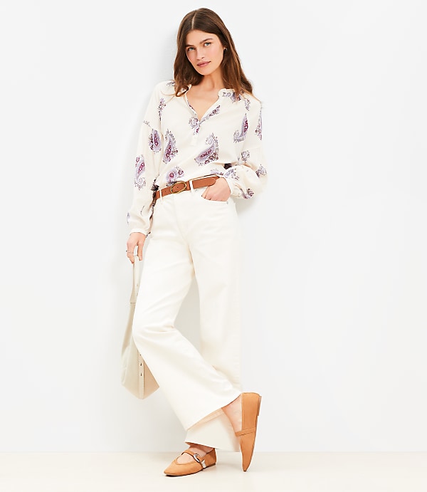 Petite Paisley Draped Sleeve Henley Blouse