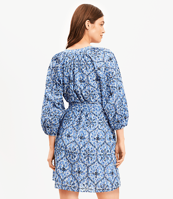 Petite Floral Embroidered Split Neck Mini Shirtdress
