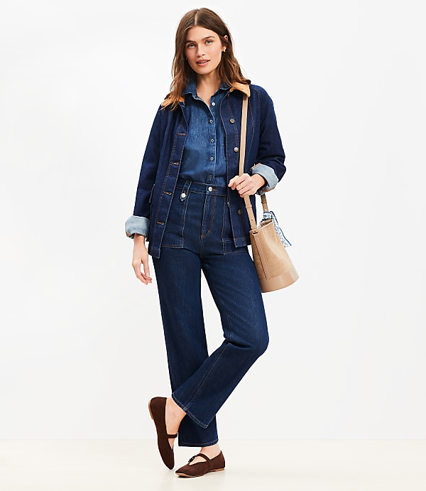 Petite High Rise Straight Utility Jeans in Mid Indigo Wash