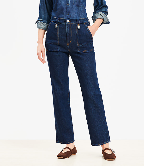 High Rise Straight Utility Jeans in Mid Indigo Wash