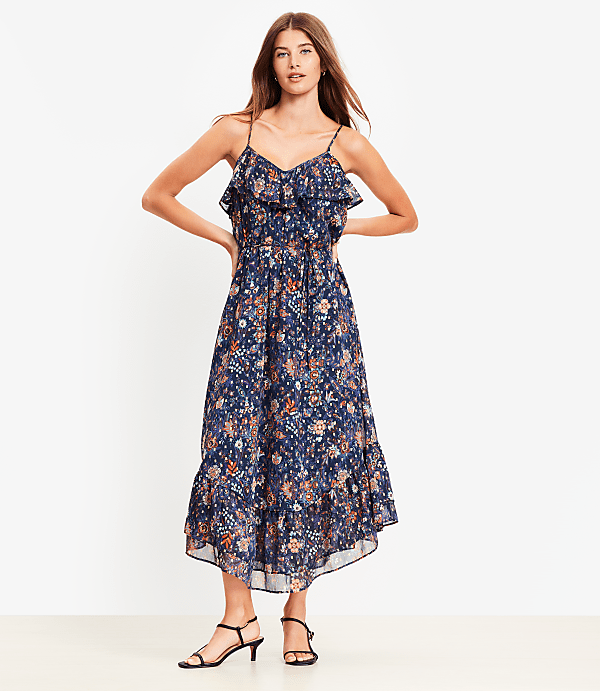 Petite Shimmer Garden Ruffle Midi Dress