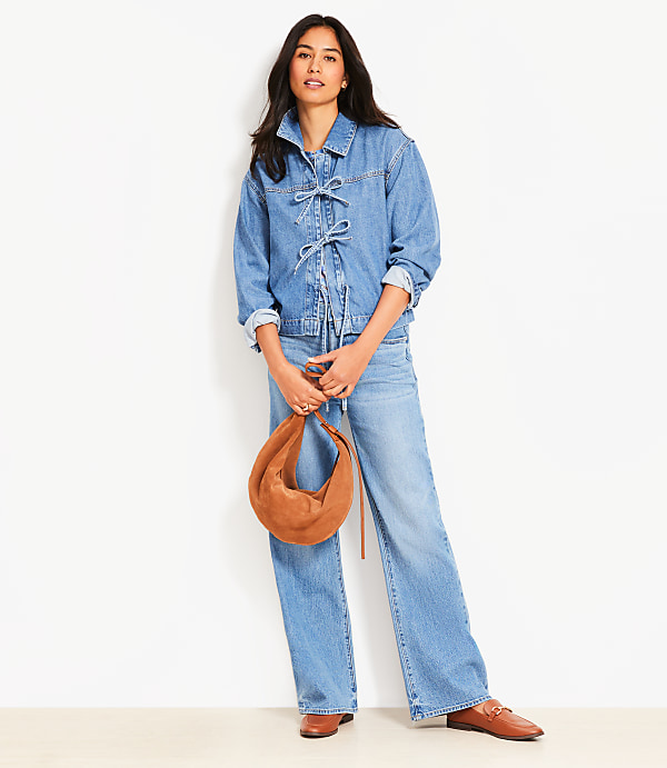 Petite Denim Bow Top in Bright Mid Indigo Wash
