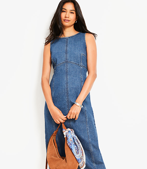 Petite Seamed Denim Midi Dress in Classic Mid Wash