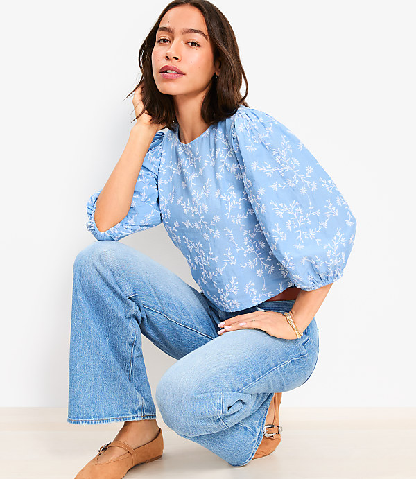 Petite Floral Embroidered Elbow Sleeve Blouse