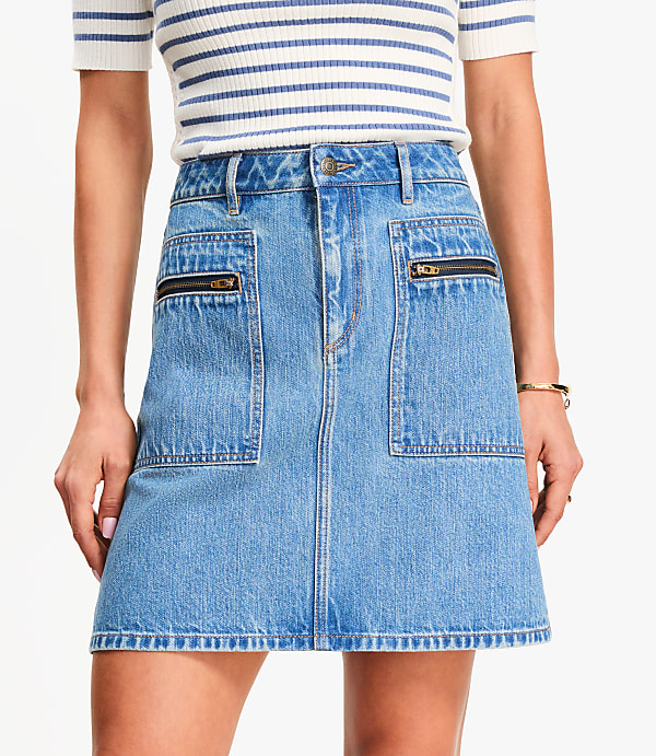 Petite Denim Utility Mini Skirt in Light Vintage Indigo Wash