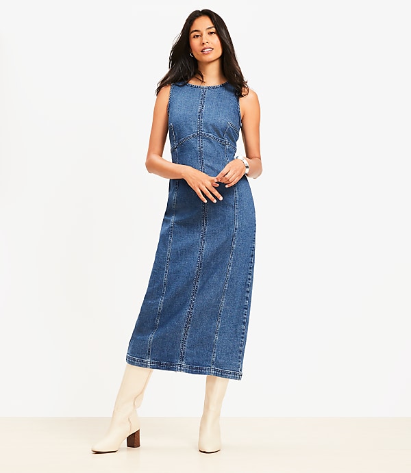 Petite Seamed Denim Midi Dress in Classic Mid Wash