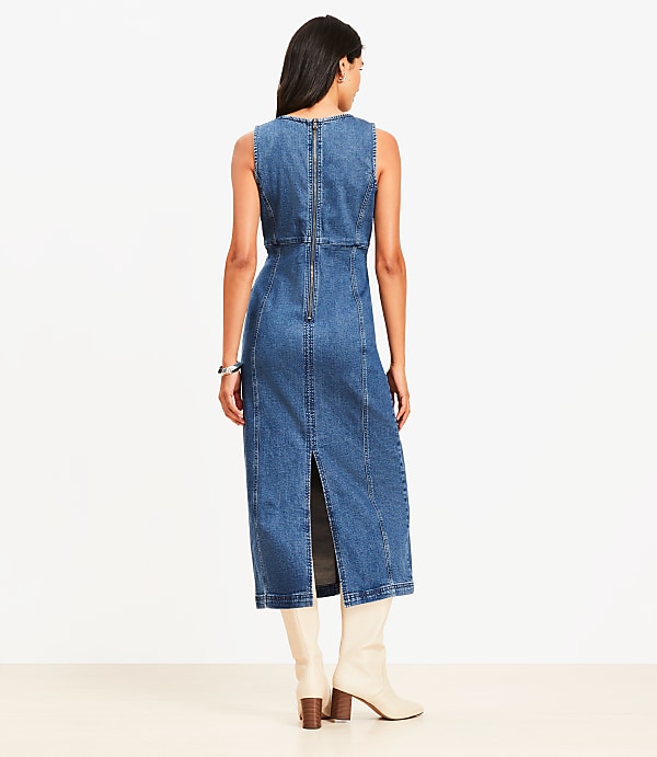Petite Seamed Denim Midi Dress in Classic Mid Wash