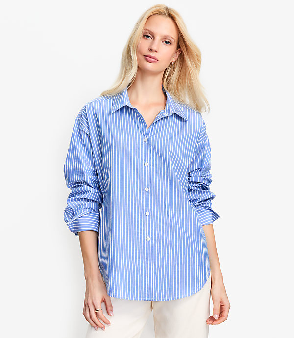 Petite Striped Poplin Cutout Back Tunic Shirt