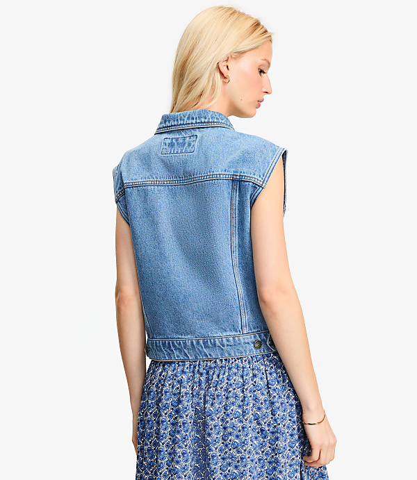 Petite Denim Trucker Vest in Bright Mid Indigo Wash