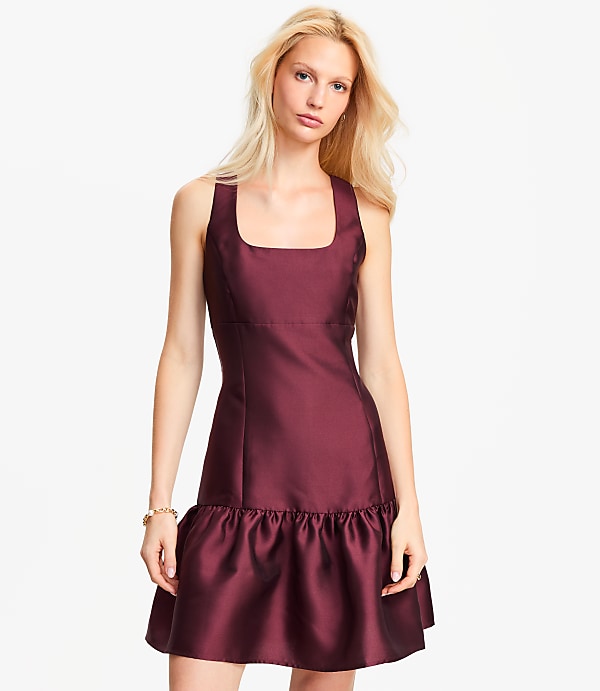 Satin Square Neck Mini Flounce Dress
