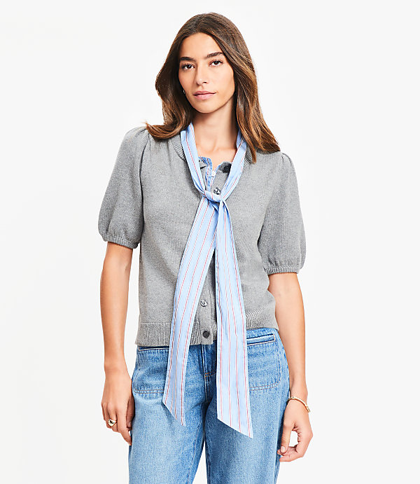 Striped Mixed Media Puff Sleeve Cardigan