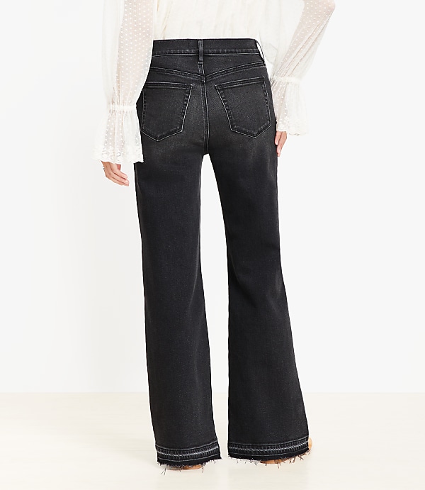 Curvy Unpicked Hem High Rise Wide Leg Jeans in Washed Black