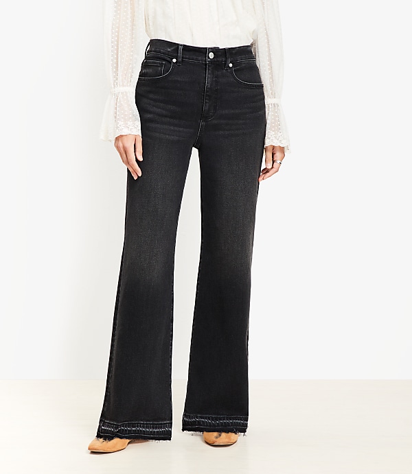 Unpicked Hem High Rise Wide Leg Jeans in Washed Black