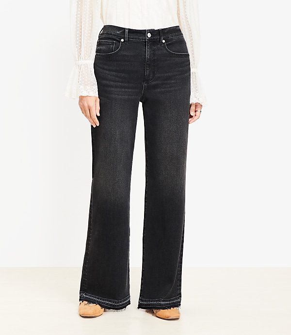 Curvy Unpicked Hem High Rise Wide Leg Jeans in Washed Black