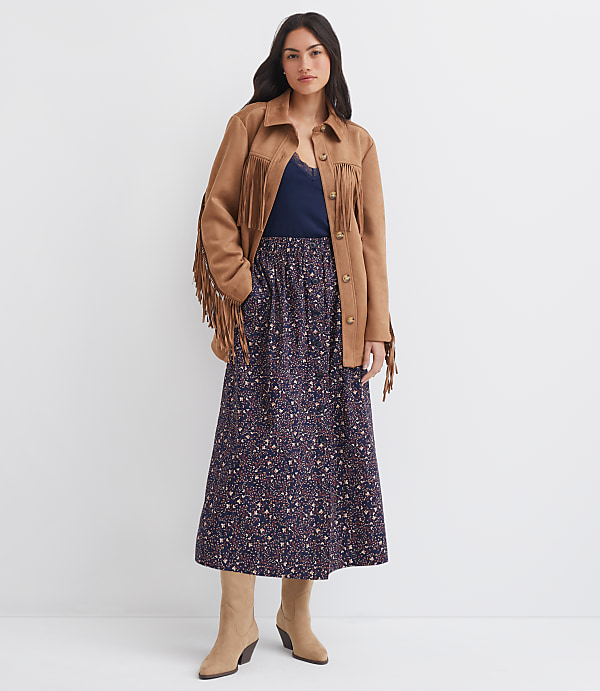 Floral Poplin Button Midi Pocket Skirt