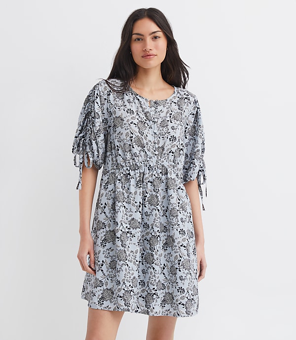 Floral Ruched Sleeve Mini Pocket Dress