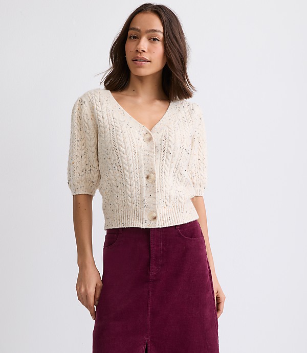 Flecked Stitchy Puff Sleeve Cardigan